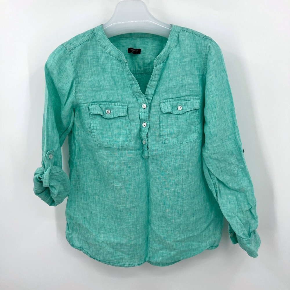 Talbots 100% Linen Roll Tab Sleeve Button Up Collarless Shirt Seafoam Green SP‎